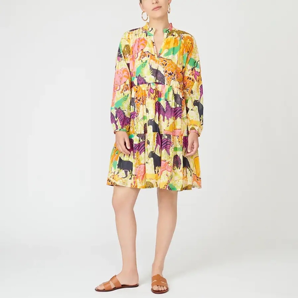JCREW Ratti Safari Popover Mini Dress Animal Print Cotton Neon Rare Size XXS